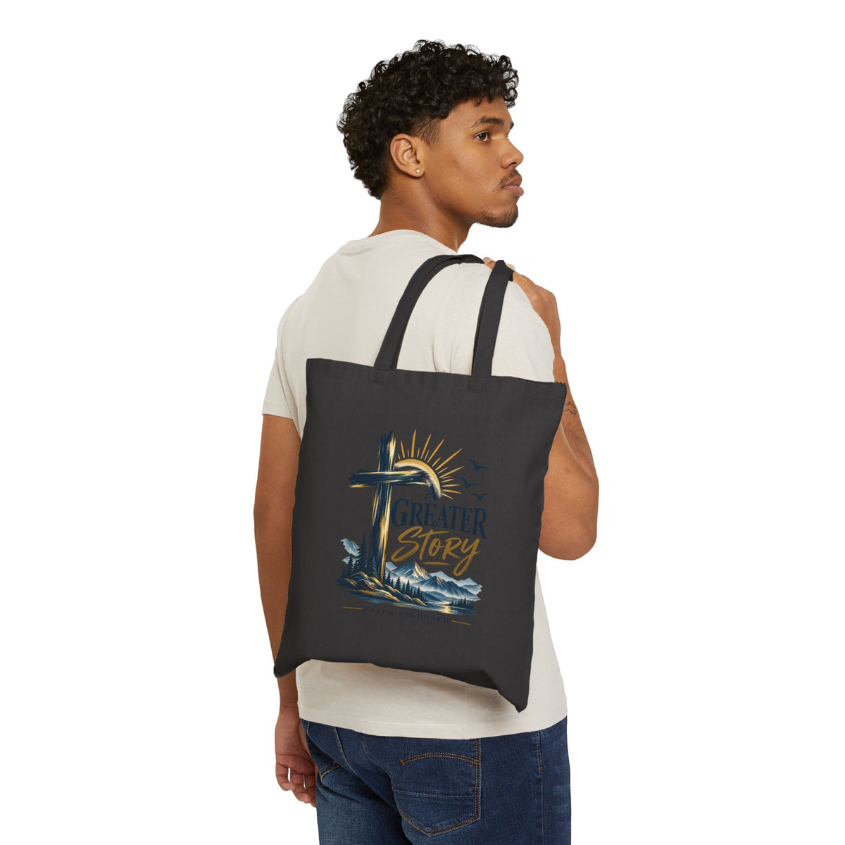 Tote Bag — “A Greater Story” Faith Canvas Tote (Christian Cross Design)