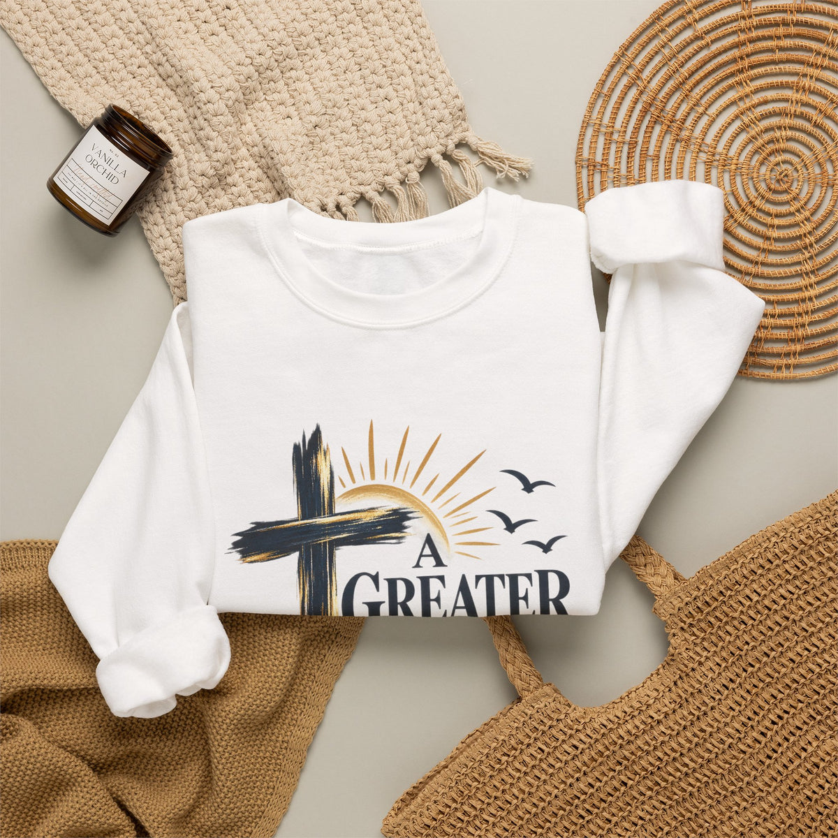 Crewneck Sweatshirt — "A Greater Story" Faith Cross Christian Pullover