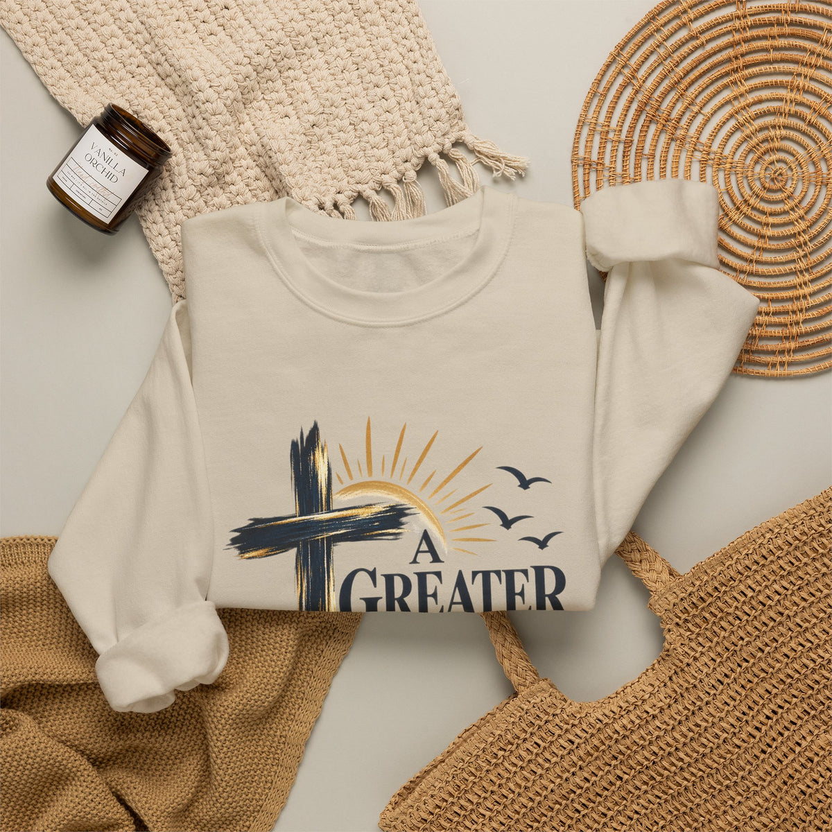 Crewneck Sweatshirt — "A Greater Story" Faith Cross Christian Pullover