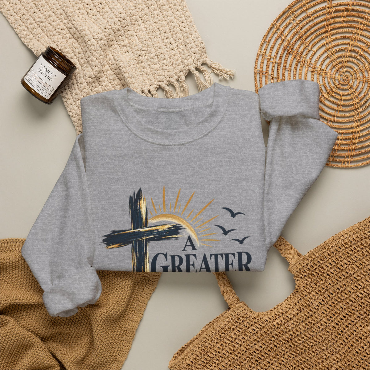 Crewneck Sweatshirt — "A Greater Story" Faith Cross Christian Pullover